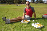Ian tucks into his fish'n'chips from Doyles, Watson's Bay, Sydney