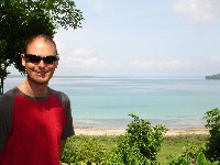 Ian at our hotel in El Remate with a view over Lago de Peten Itza