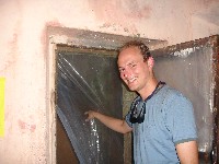 Ian demonstrates lovely plastic curtain at Los Vahos steam baths