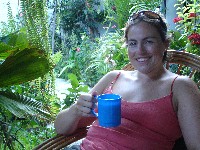 Nikki enjoying a beer (from a plastic mug!) with a fresh lime from the garden, Panajachel, Lago de Atitlan