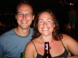 Us celebrating being qualified Advanced Divers at Mango Inn, Utila