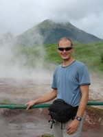 Ian at the bubbling mud pools at San Jacinto with Volc&aacute;n Clara in background