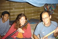 Us posing with traditional Akha musical instruments, Ban Nam Lai Trek