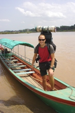 Ian getting off the boat at the Laos border, Huay Xai