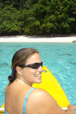 Nikki in kayak near crystal clear bay, north of Paradise Island Resort, Pulau Perhentian Besar