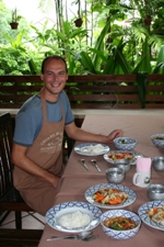 Ian settling down to lunch after a hard morning's cooking at Thai Cooking School, Chiang Mai
