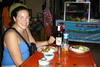 Nikki having dinner at the night market, Sukhothai