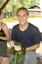 Ian tucking into lunch wrapped in banana leaf, Mon Fha Pha village, Doi 
Chiang Dao Trek Day 2