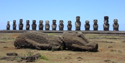 The 15 moai at Tongariki plus one lying down in front, Easter Island