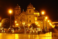 Plaza de Armas by night, lit up for Christmas, Cusco