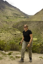 Nikki hiking the Inca Trail on Day 1, with her new friend - the bamboo stick!