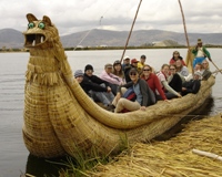 Us taking a trip in a traditional reed boat, Uros floating islands